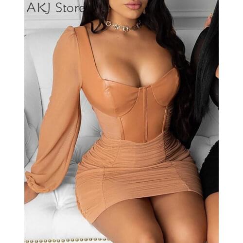 Women Fashion Sexy Ruched PU Leather Mesh Bodycon Dress