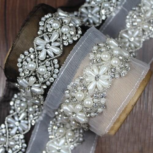 1 yards 6cm 2.36" wide ivory black beads Rhinestones mesh tapes lace trim ribbon collar wedding dress clothing decorative M62Q3