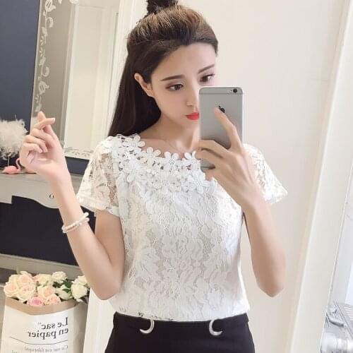 2021 Womens Lace Crochet Flower Blouses shirt Ladies Casual Solid color Short Sleeve Shirts female Summer o neck Hollow Out Tops