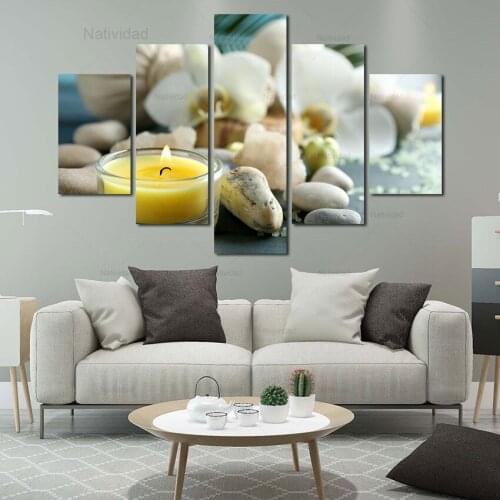 5 Pieces Canvas Painting Zen Yellow White Candles Stone Flower Pictures Modular Posters Living Room Frameless Bedroom Home Decor