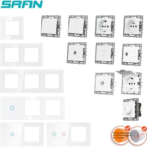 SRAN F6 Series White Glass Panel Wall Switch EU French electrical outlets USB socket TV RJ45 Touch Module DIY
