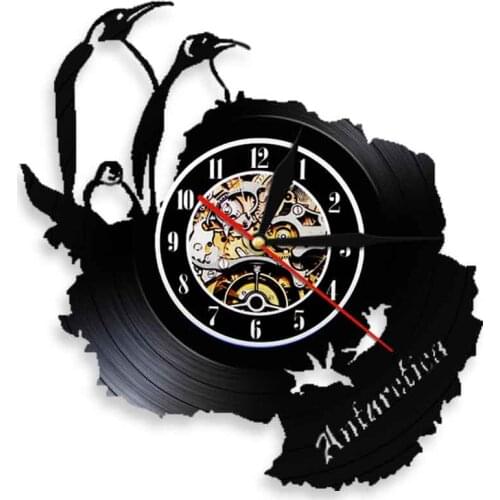 Cute Antarctic Penguins Family Vinyl Record Wall Clock Modern Design Home Decor Wall Watch For South Pole Seabird Penguins Gift
