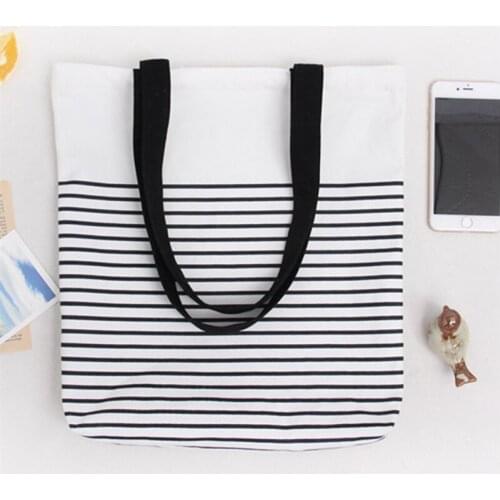 Cotton Stripe Canvas Shopping Tote Shoulder Carrying Bag Eco Reusable Bag Zippered Small Shopping Bag