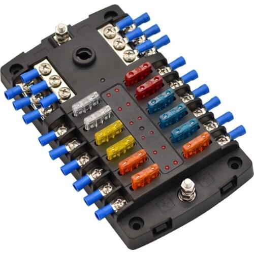 Jtron car fuse box 12way with fuse ATC/ATO Blade fuse holder LED Indicator Light Plastic Cover for Auto Car Boat Marine RV
