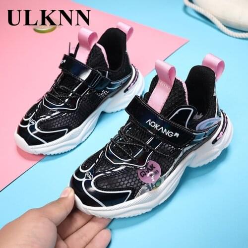 ULKNN Pupil Shoes Pink Mesh Kids Sneakers Fashion Silver Shoes For Girl Black Antislippery Hook And Loop Children Shoes 2021