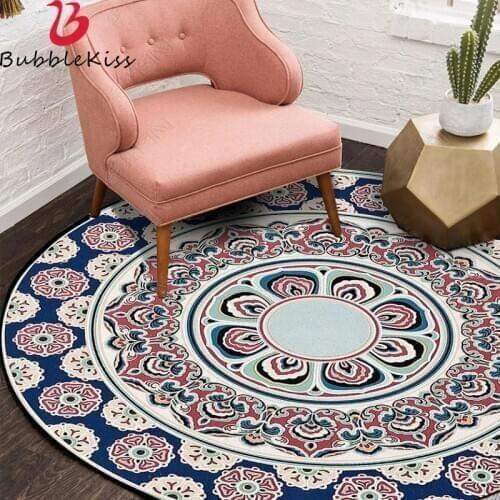 Bubble Kiss Modern Polyester Material Round Carpet Blue Retro Flower Pattern Round Rug European Design Soft Home Decoration Rug