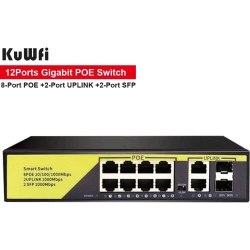 KuWFi 52V POE Switch 100Mbps/1000Mbps Ethernet Network Switch 6/12 Ports 802.3 af/at Ethernet Network For IP Camera/Wireless AP
