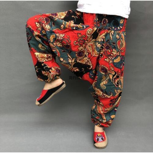 Linen Fluid Big Crotch Floral Trousers Boho Casual Low Drop Crotch Bloomers Pants Elastic Waist Indian Nepal Baggy Harem Pants