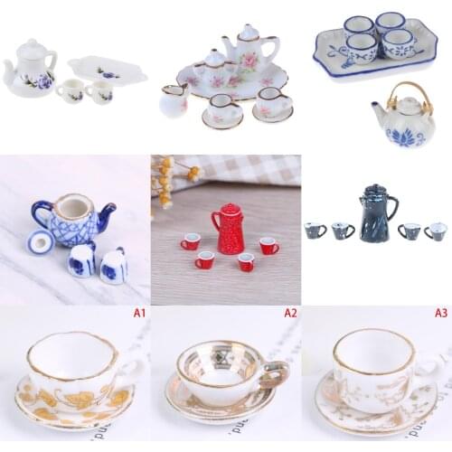 1 Set 1:12 Dolls House Miniature Tea Set Cups Set Direction Furniture Kitchen Toys Ceramics Coffee Tea Cups Dollhouse Accessory