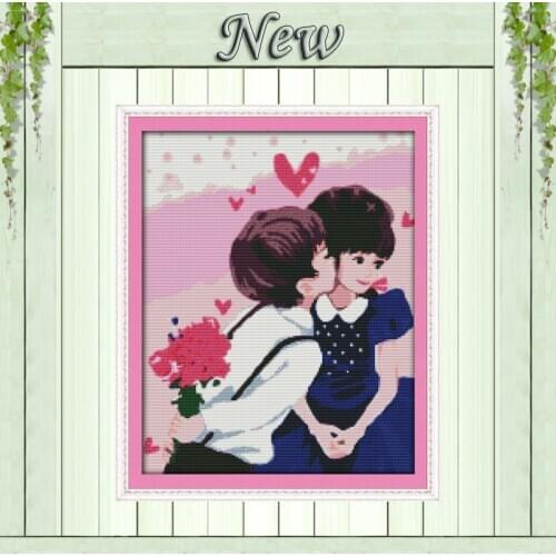 Shy to kiss girl boy lovers rabbit painting pattern printed on canvas DMC 14CT 11CT Cross Stitch Needlework kits Embroidery Sets