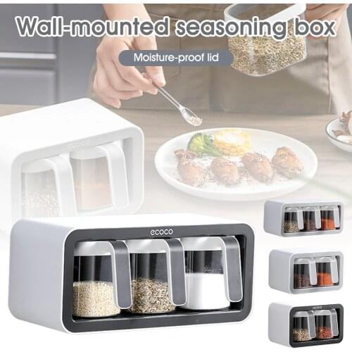 Wall-Mounted Spice Rack Kitchen Condiment Jar Sugar Bowl Salt Organizer Shelf Seasoning Storage Container Spice Box With Spoons