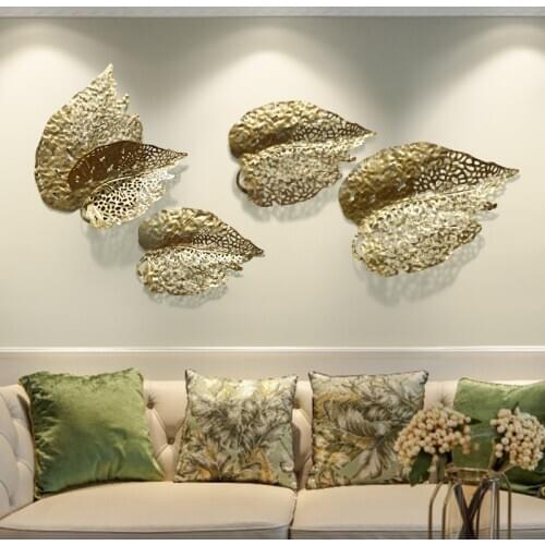 Luxury Wrought Iron Wall Hanging Golden Leaf Ornament Home Room Background Accessories Wall Sticker Decoration Wall Mural Crafts