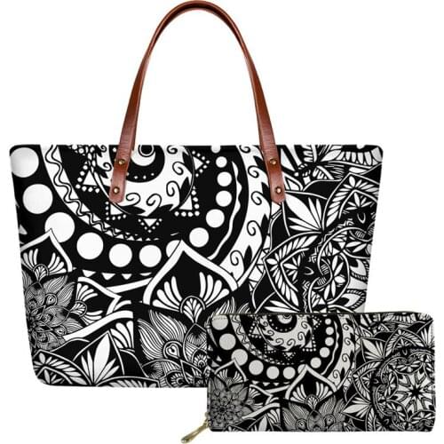 Noisydesigns Vintage Tribal Mandala Flower Printed 2Pcs Women Luxury Handbag And Long Pu Purse Ladies Soft Tote Bag Sac A Main