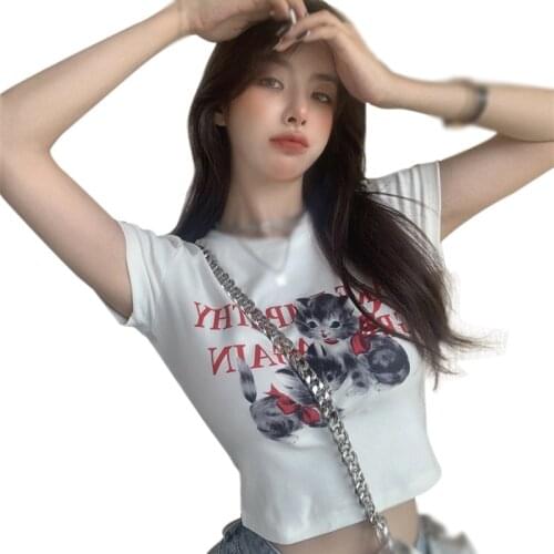 New Cat Hot Girl Tight-fitting Short-sleeved T-shirt Top Women\s White Age-reducing Short Bottoming Tee Shirt
