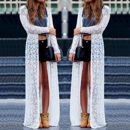New Fashion Ladies Women Long Sleeve Floral Lace Beach Long Cardigan Casual White Bikini Cover Ups Wrap Beachwear