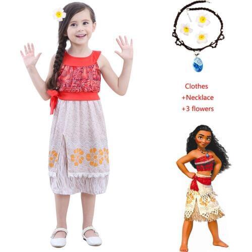 Summer Moana Dress for Baby Girls Vaiana Princess Dresses Kids Party Cosplay Costumes with Necklace Children Clothing Clothes