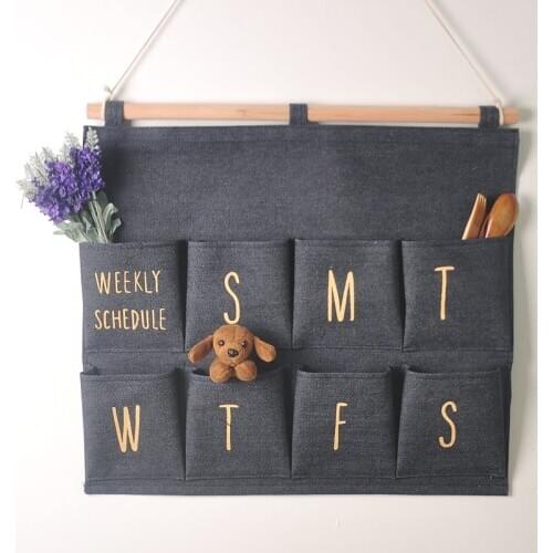 DUNXDECO Storage Wall Hanging Bag Modern Jean Weekly Linen Cotton Storage Pocket Hanging Room Organise