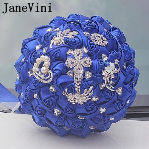 JaneVini 2018 Royal Blue Crystal Bridal Bouquets for Wedding Artificial Satin Flower Rose Wedding Accesssories Buque De Noiva