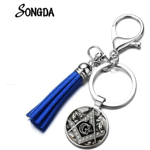 Vintage Classic Masonic Tassel Keychain Freemasonry Compass Glass Gem Pendant Key Ring Chain Male Female Free Mason Gift