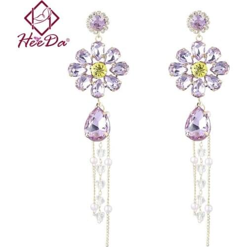 Womens Hyperbole Shiny Crystal Long Stud Earrings 2021 Elegant Tassel Purple Ear Decoration Bride Jewelry Party Date Earring