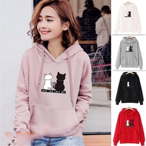 Cat Printed Women Hoodies 2021 Autumn Winter Casual Loose Pocket Girl Hooded Sweatshirts Fashion Harajuku Long Sleeve Pullovers