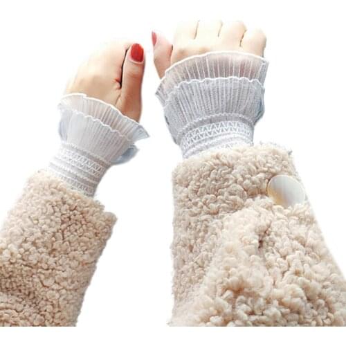 Women Crochet Lace Horn Cuffs Stretch Bracelet Double Layer Pleated Ruffled Fake Sleeves Vintage Aesthetic Wrist Warmer