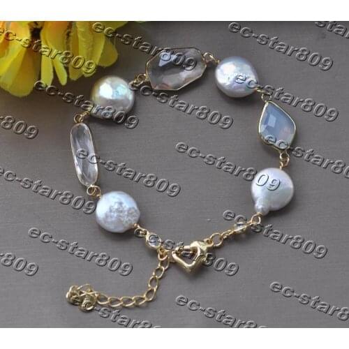 Z11345 8"~9.5" 14mm White Coin Pearl Crystal Opal Bracelet Women Fine Jewelry
