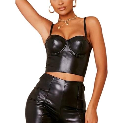 2021 Fashion Women PU Leather Camisole Sleeveless Low-Cut Backless Slim Skinny Party Club Wild Midriff-baring Top Summer Tanks
