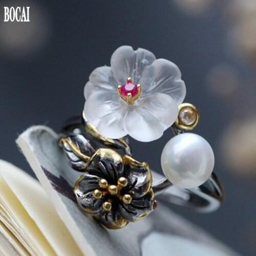 2020 BOCAI NewFashion rreal s925 sterling silver pearl ring for women Hand inlaid natural crystal petals woman silver ring