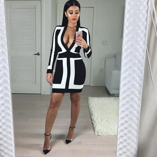 2018 new arrivals black and white long sleeve deep v neck sexy womens autumn and winter knitted slim bandage night club dress