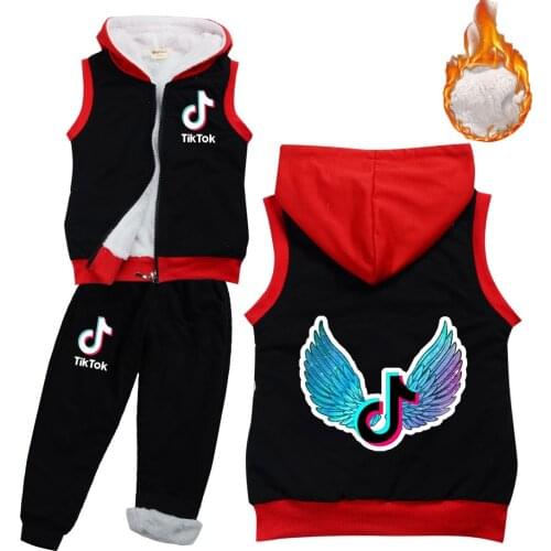 TIK TOK Winter Girls Boys Warmer Kids 2 piece set with hooded cotton vest + pants childrens clothing set