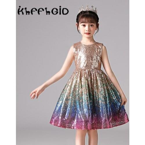 2021 festival costume flower girl dress princess dress champagne color sequin rainbow summer child dress girl skirt childrens c