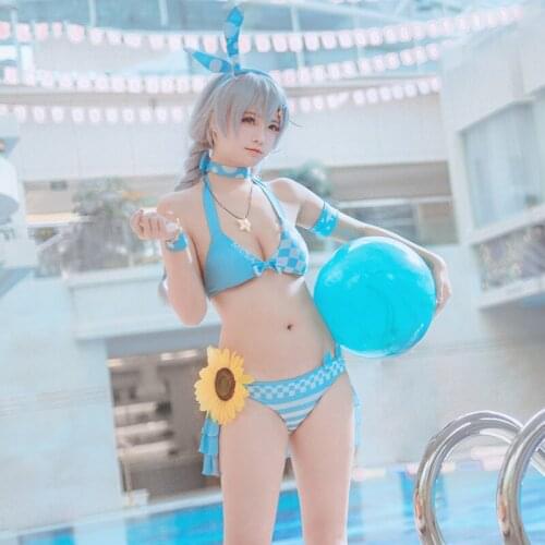 Anime! Honkai Impact 3 Kiana Kaslana Swimsuit Uniform Cosplay Costume Summer Pool Party Swimwear Wig for Women Full Set
