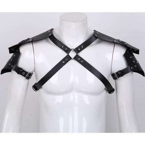 Black Mens Bondage Sexy Clubwear Steampunk Shoulder Knight Pauldrons Faux Leather O-Ring Armors Halloween Role Play Costumes
