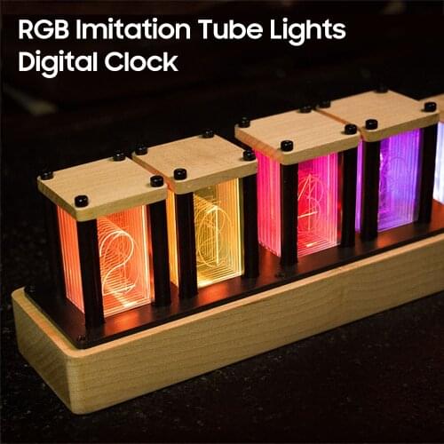 RGB Imitation Tube Lights Digital Clock Glow Clock LED Solid Wood Ornament Fluorescent Desk Clock Semi-Finished