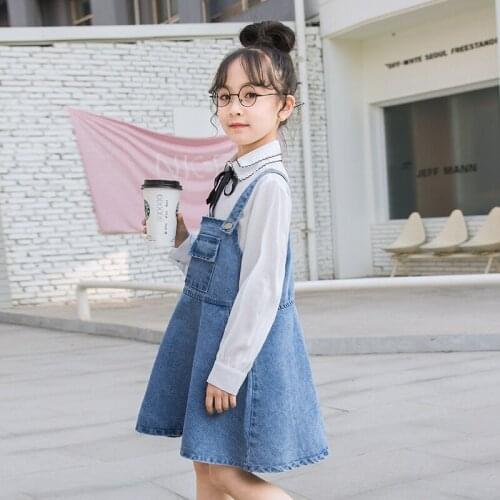 Children Clothes 2021 Korean New Wear Denim Strap + Blouse 2 Pcs/Set Girls Spring Summer School Clothing Sets