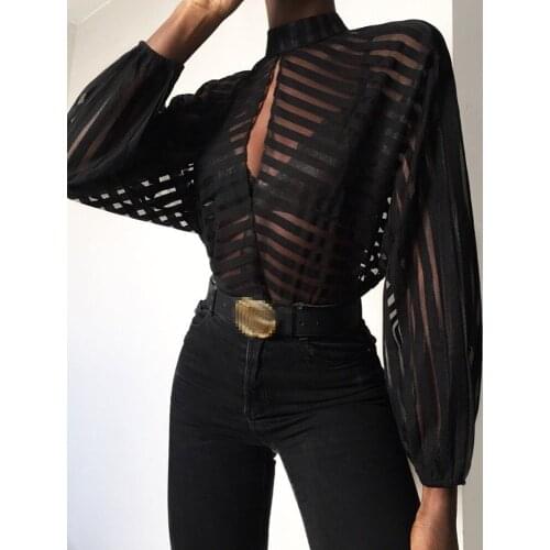 Elegant Womens T-shirt Sexy See-through Mesh Net Sheer Front Office Lady Wear Hollow Long Sleeve Blouse High Streetwear