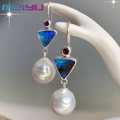 Elegant Delicate Triangle Ocean Blue Opal Drop Earrings Purple Rhinestone White Pearl Statement Dangle Earring Fashion Jewelry