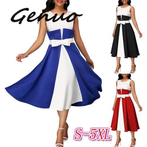 Genuo New Women Color Block O-neck Bow Design A-Line Dress Office Lady Sleeveless Mid-Calf Elegant Vestidos Night Club Dress