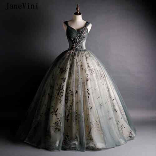 JaneVini Shining Beaded Long Quinceanera Dresses Ball Gown 2020 V Neck Sleeveless Sparkly Sequins Tulle Sweet 15 Girls Prom Gown