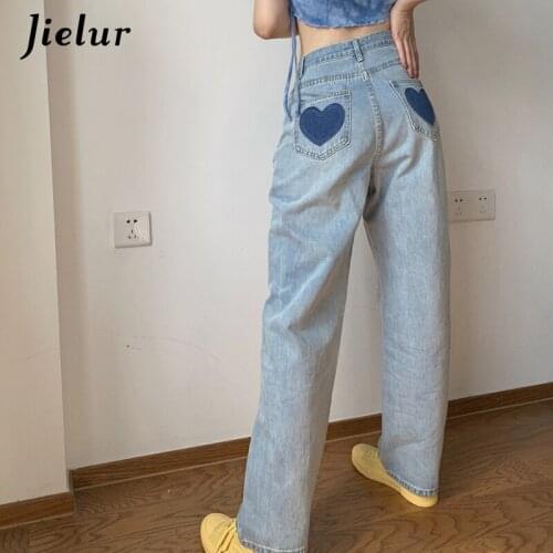 Jielur 2021 Summer New Love Printing Jeans for Women Loose Straight Wide-leg Trousers Female Black Blue Patch Designs Jeans