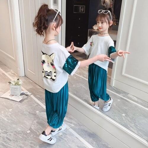 New Toddler Girl Cotton Tracksuit Sets Kids Summer Clothes Girls Cartoon Sequins T Shirts + Bloomers 2 Pcs Suit Boutique Outfit
