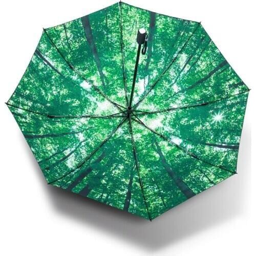 Creative Sun Umbrella Green Forest Pattern Women Lady Rain Sunny Umbrella 3 Folding 8 Ribs Sunshade Wind Resistant Frame Paraplu