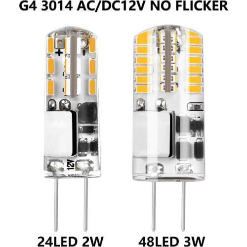 No Flicker G4 2W 3W SMD3014 24leds/48leds AC/DC12V Warm Pure White 200/300LM mini corn lamp Silica gel 360 degree 10pcs/lot