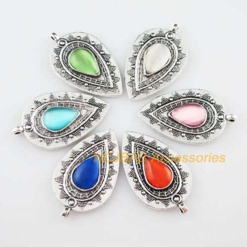 Fashion 6Pcs Tibetan Silver Oval Flower Mixed CatEye Stone Charms Pendant 20.5x35mm