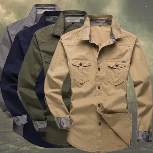 Mens Shirt For Military Tactics Tops Long Sleeve Male Cotton Cargo Blouse Casual Fit Denim Shirts Homme Work Button Up Clothing