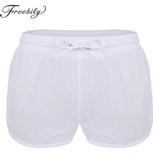 Male Mens Soft See Through Fabric Drawstring Shorts Lightweight Casual Swimming Boxer Shorts Panties Homme Swimwear Loose Shorts