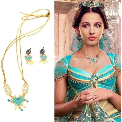 Women Jasmine Royal Crown Headband Earrings Pendant Necklace Jewelry Set Teal Dress Up Princess Adults Kids Costume Kit