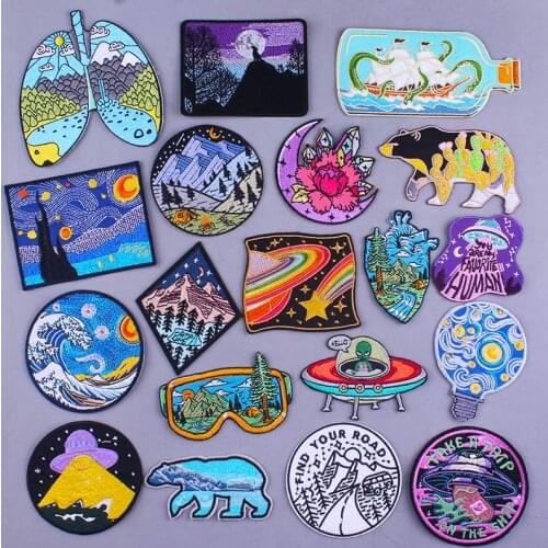 Pulaqi Embriodery Patch Van Gogh Patches On Clothes UFO Space Patch Mountain Adventure Pacthes For Clothing Iron On Patch Badge