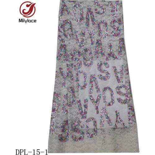 Wholesale African Lace Fabric Fashion Alphabet Embroidery with Colorful Sequins Tulle Lace French Net Lace for Dresses DPL-15